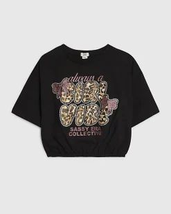 Girls Black Cool Vibes Print T-shirt