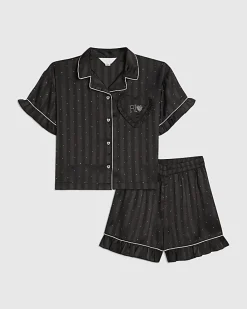 Girls Black Embellished Satin Pyjamas