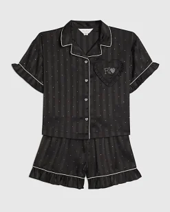 Girls Black Embellished Satin Pyjamas