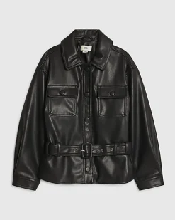 Girls Black Faux Leather Belted Jacket