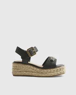 Girls Black Heart Snaffle Wedge Sandals