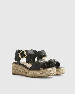 Girls Black Heart Snaffle Wedge Sandals