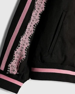 Girls Black Lace Trim Bomber Jacket