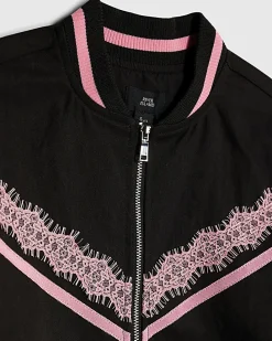 Girls Black Lace Trim Bomber Jacket