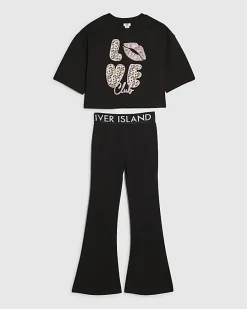 Girls Black Leopard Love Club Boxy Top Set