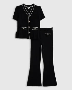 Girls Black Peplum Hem Short Sleeve Top Set