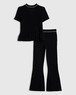 Girls Black Peplum Hem Short Sleeve Top Set