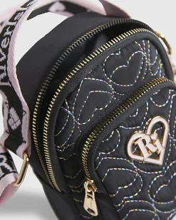 Girls Black Quilted Heart Cross Body Bag