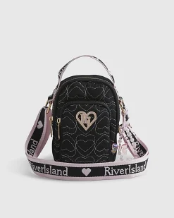 Girls Black Quilted Heart Cross Body Bag