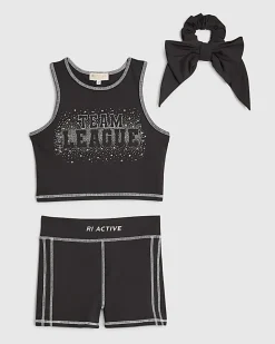 Girls Black RI Active Cheer Crop Top Bow Set