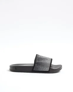 Girls black RI diamante sliders