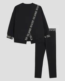 Girls Black Split Back Sweatshirt Set