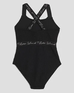 Girls Black Textured Swimsuit