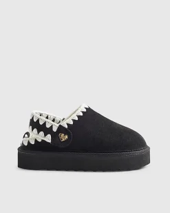 Girls Black Whipstitch Strap Slippers