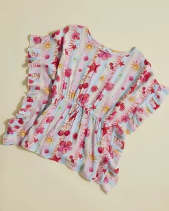 Girls Blue Beach Print Stripe Kaftan