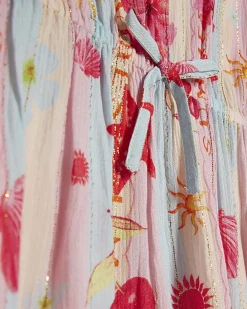Girls Blue Beach Print Stripe Kaftan