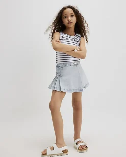 Girls Blue Bow Pleated Denim Skort