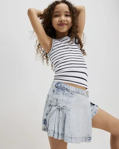 Girls Blue Bow Pleated Denim Skort