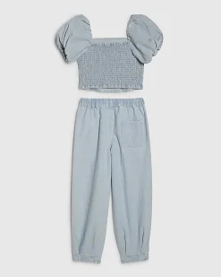 Girls Blue Cargo Barrel Trousers And Top Set