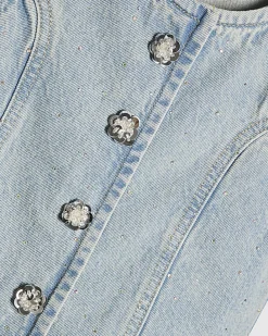 Girls Blue Denim Embellished Waistcoat Set