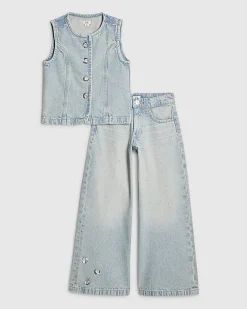 Girls Blue Denim Embellished Waistcoat Set