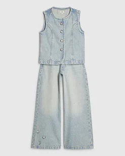 Girls Blue Denim Embellished Waistcoat Set