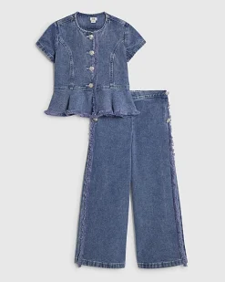 Girls Blue Denim Peplum Top Set