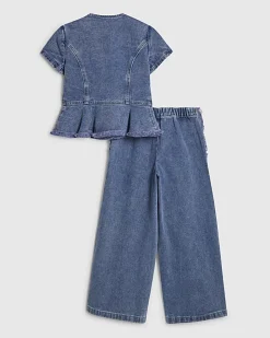 Girls Blue Denim Peplum Top Set