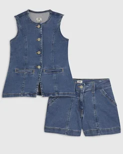 Girls Blue Denim Waistcoat And Shorts Set