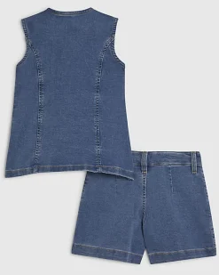 Girls Blue Denim Waistcoat And Shorts Set