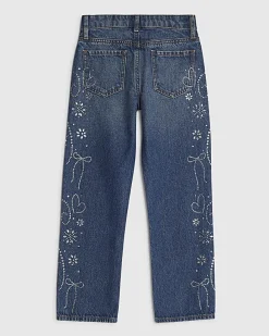 Girls Blue Diamante Sided Straight Jeans
