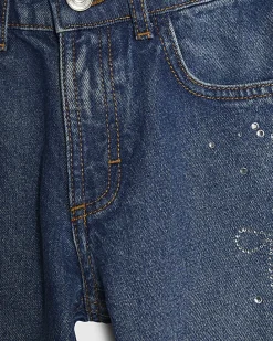 Girls Blue Diamante Sided Straight Jeans