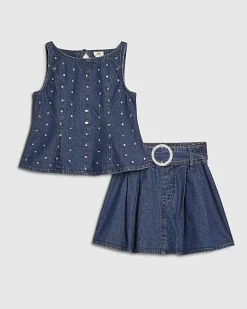 Girls Blue Embellished Peplum Denim Skirt Set