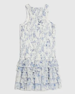 Girls Blue Floral Chiffon Hem Dress