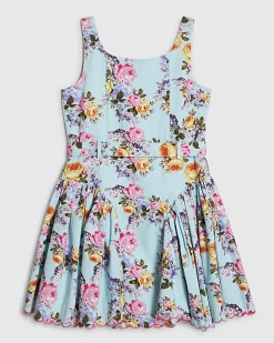 Girls Blue Floral Prom Cotton Dress