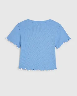 Girls Blue Lettuce Hem Crop T-Shirt