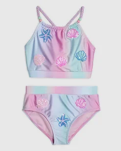 Girls Blue Ombre Sequin Shell Bikini Set
