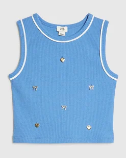 Girls Blue Ribbed Bow Charm Tank Top