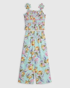 Girls Blue Rose Top and Trouser Set