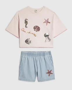 Girls Blue Sealife T-Shirt And Shorts Set