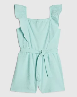 Girls Blue Shirred Floral Playsuit