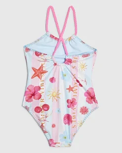 Girls Blue Stripe Beach Print Swimsuit