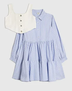 Girls Blue Stripe Hybrid Shirt Dress