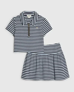 Girls Blue Stripe Polo Shirt And Skirt Set