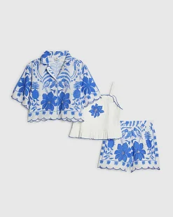 Girls Blue Tropical Print Parrot Shirt Set
