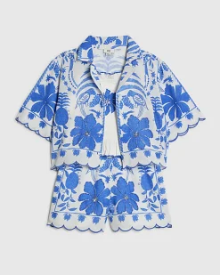 Girls Blue Tropical Print Parrot Shirt Set