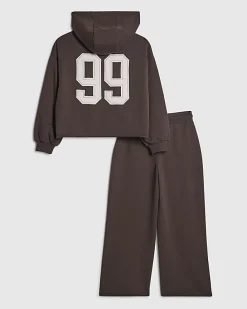 Girls Brown 99 Number Hoodie Tracksuit Set