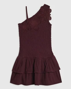 Girls Brown Asymmetric Crochet Flower Dress