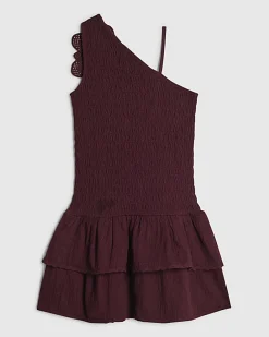 Girls Brown Asymmetric Crochet Flower Dress