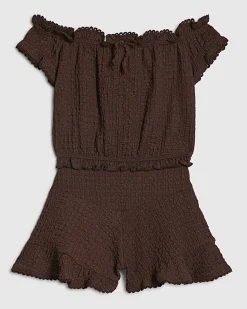 Girls Brown Crinkle Lace Trim Bardot Playsuit